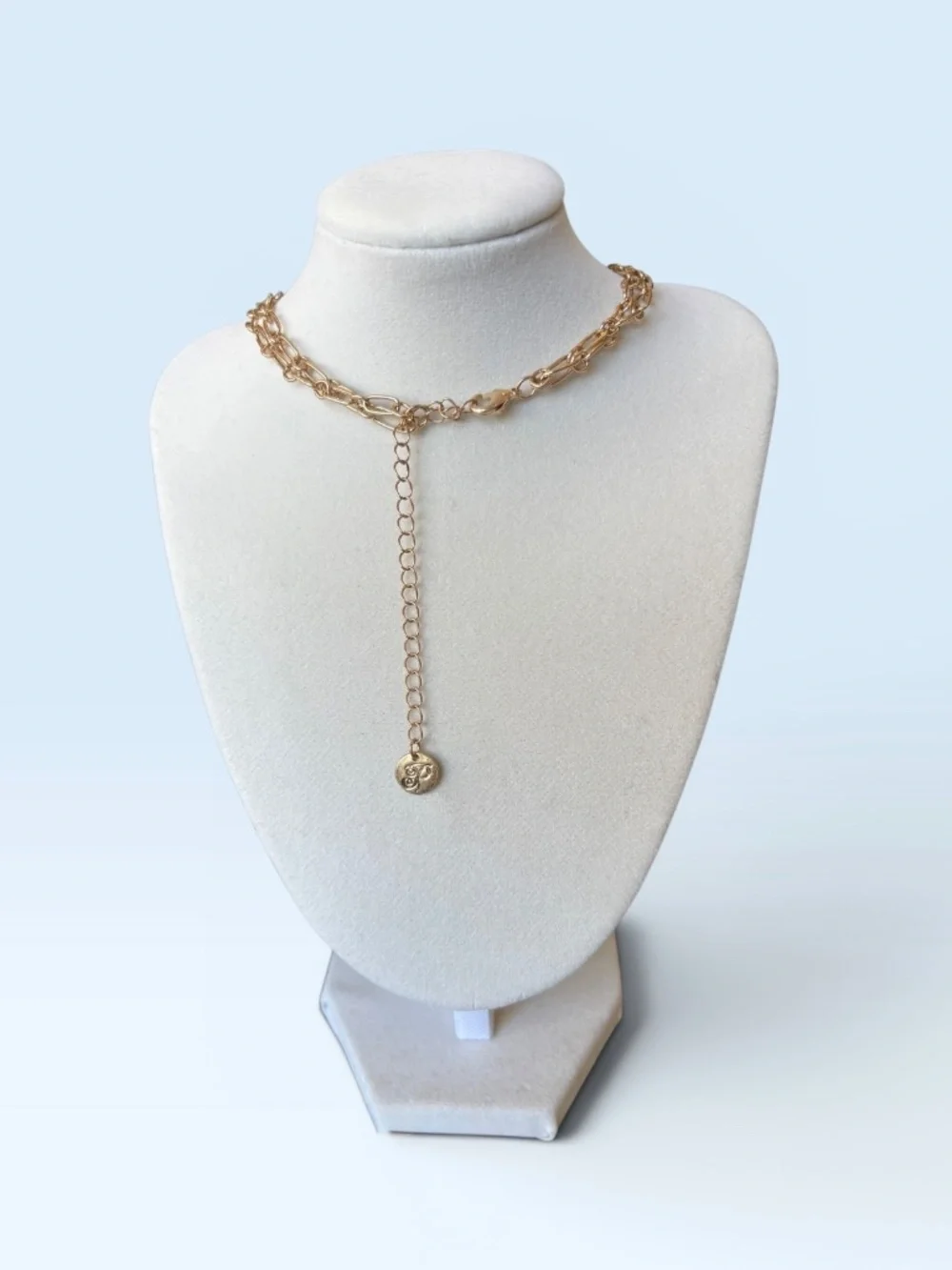 Goldtone Double Chain Necklace with a Blue Glass Pendant by Plunder Design - Picture 9 of 11